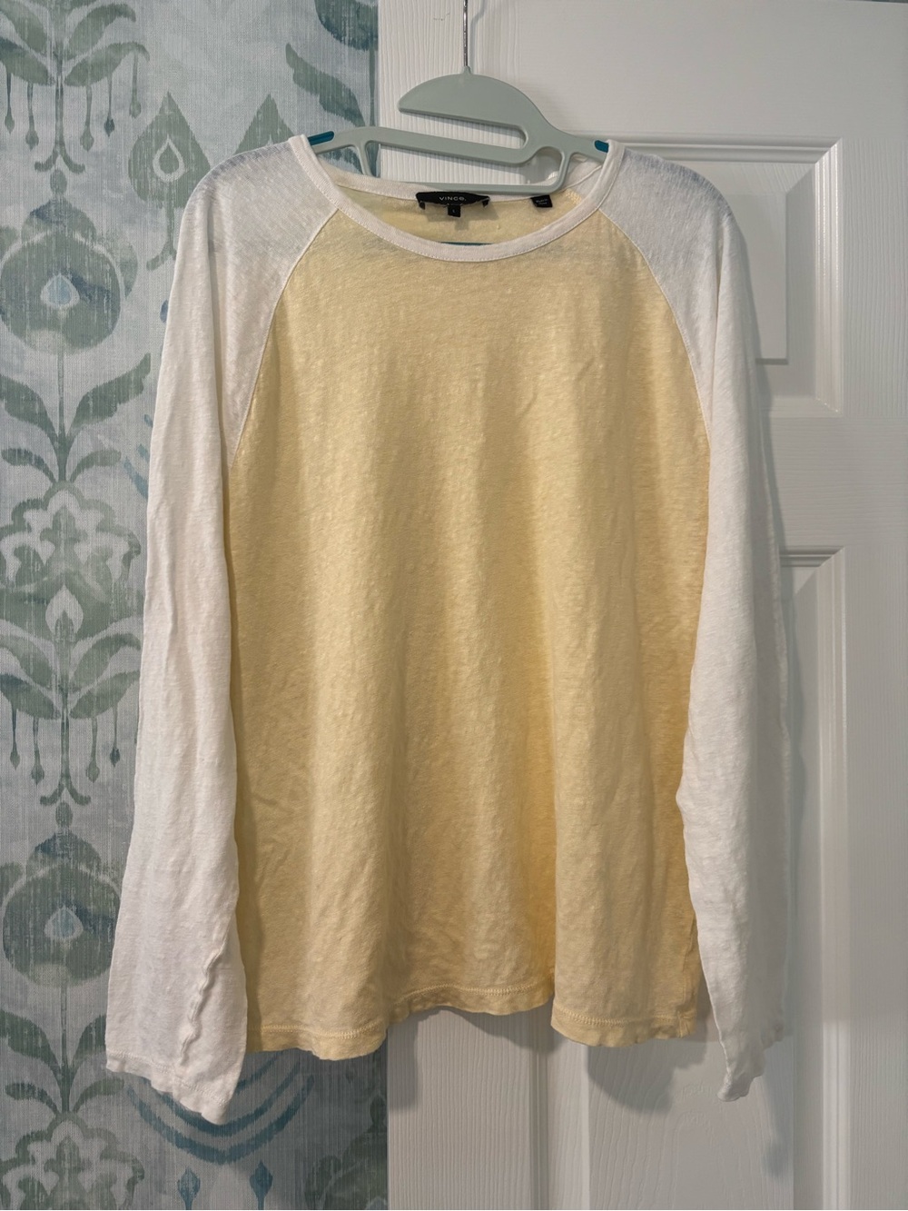 Vince Two-Tone Long Sleeve Linen Shirt in Butter yellow and white